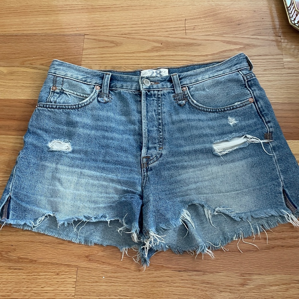 Free People Blue Distressed Jean Shorts